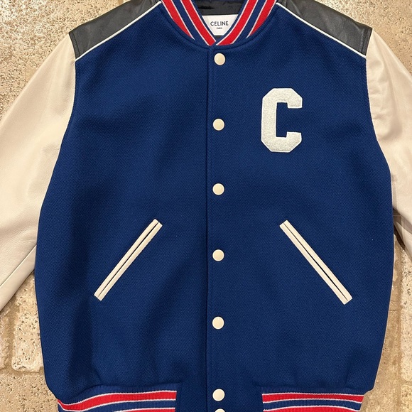 Celine x Hedi C Logo Leather Sleeve Blue Woold Teddy Jacket - Picture 5 of 14